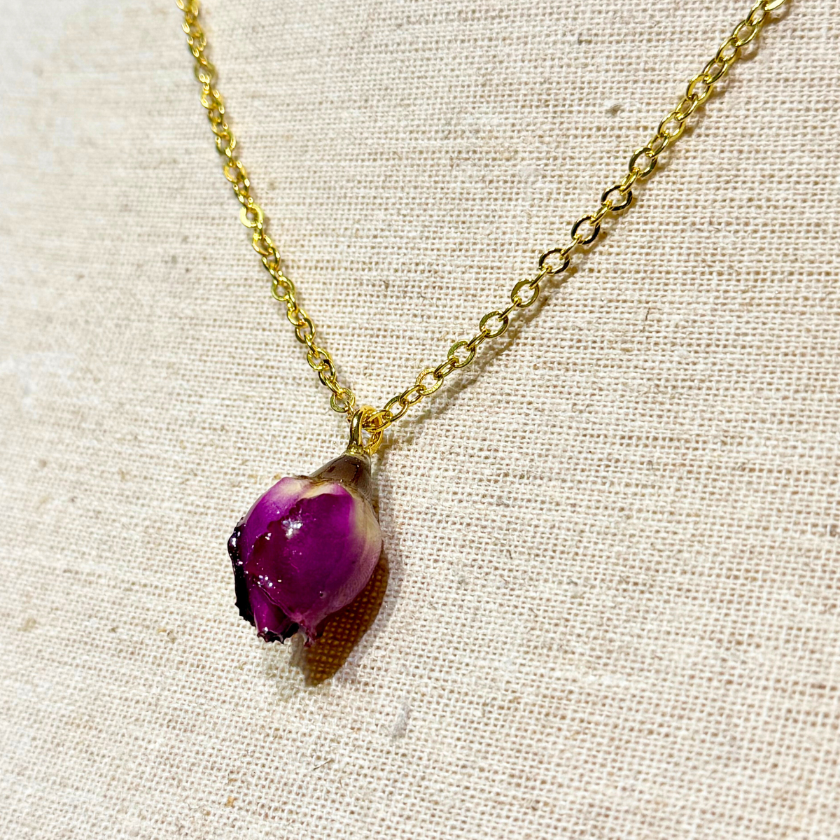 Real Rose Bud Necklace - Red & Gold