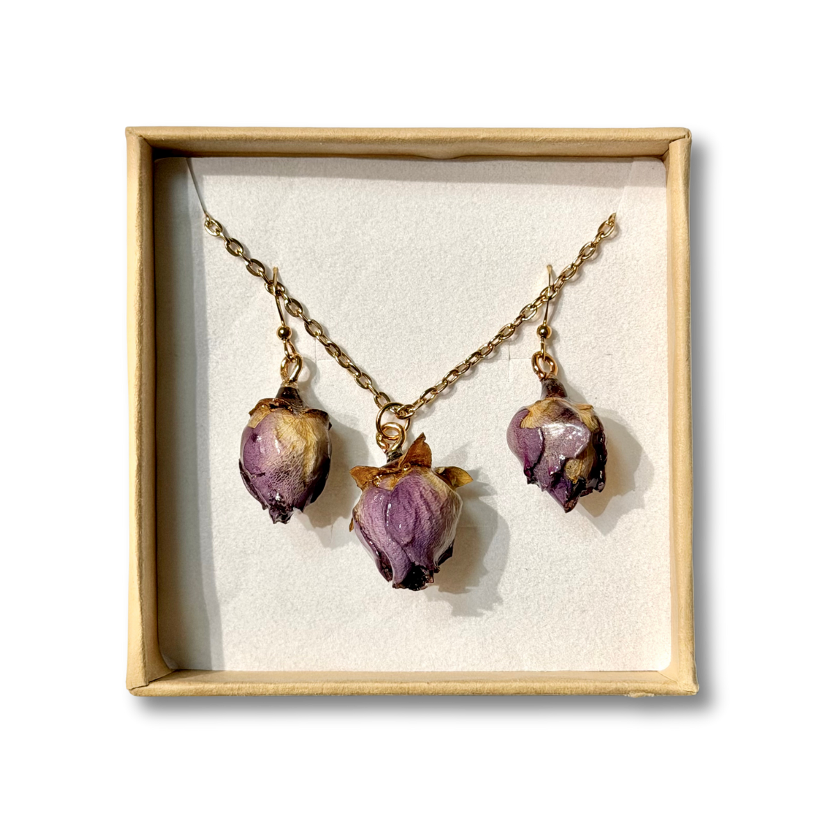 Real Rose Bud Earring & Necklace Set - Purple & Gold