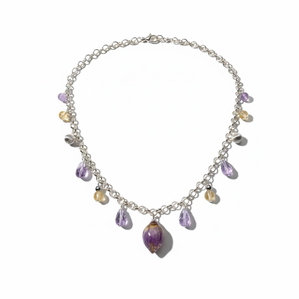 Real Rose Necklace - Purple, Citrine & Silver