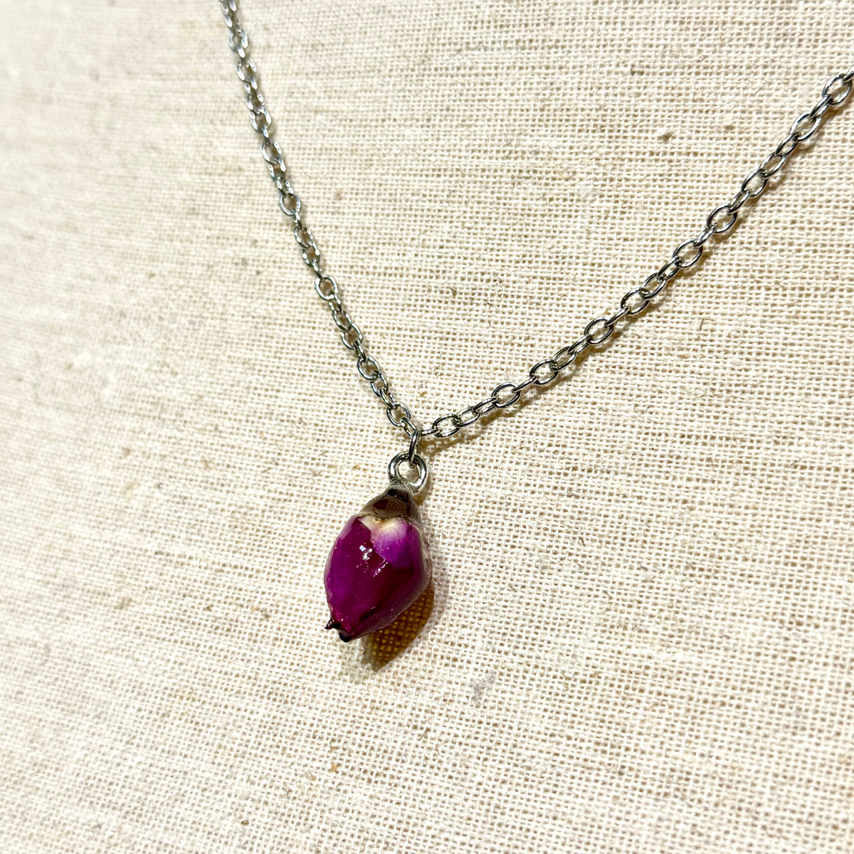 Real Rose Bud Necklace - Red & Silver