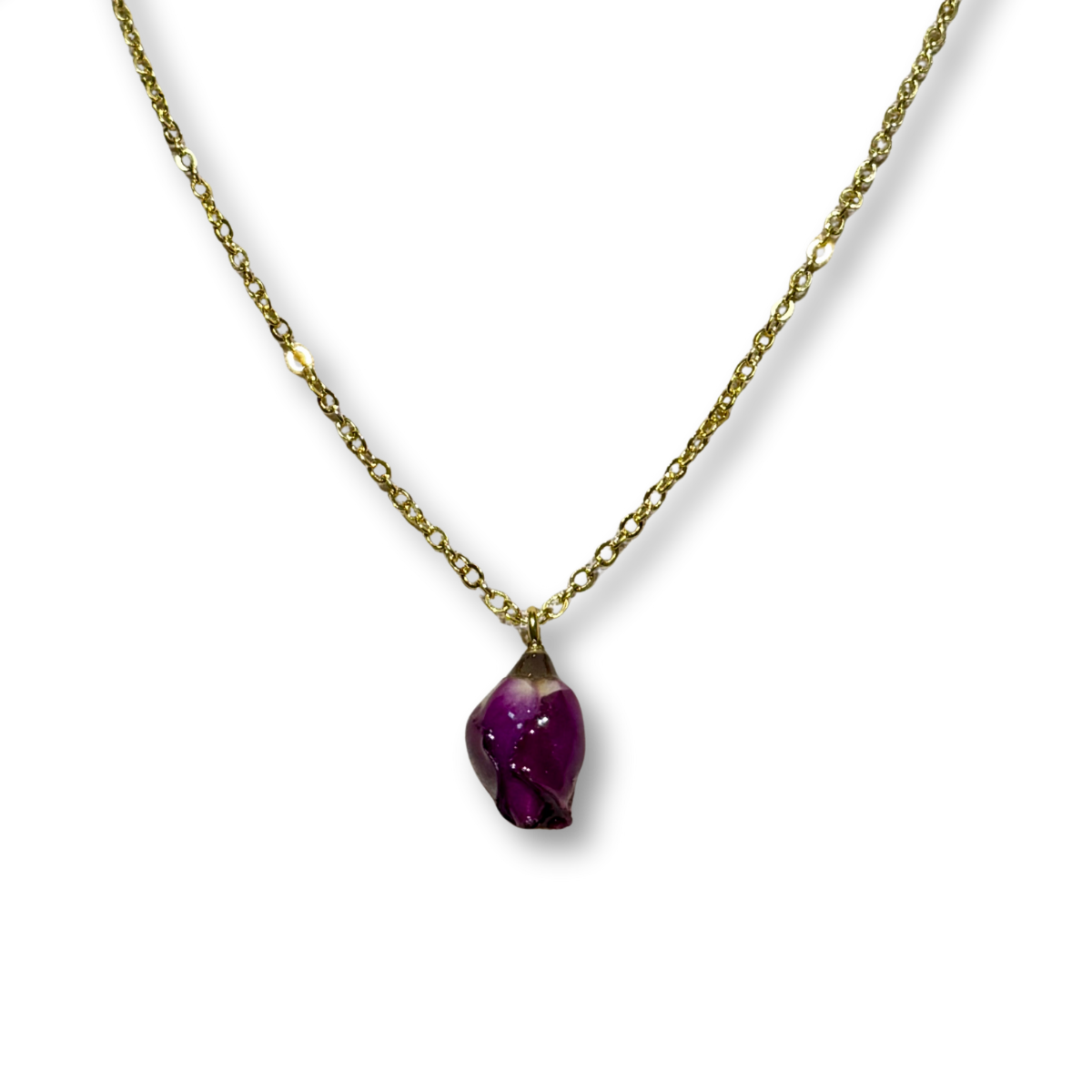 Real Rose Bud Necklace - Red & Gold