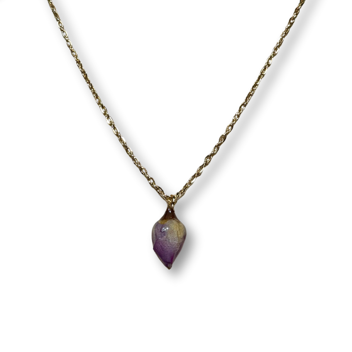 Real Rose Bud Necklace - Purple & Gold