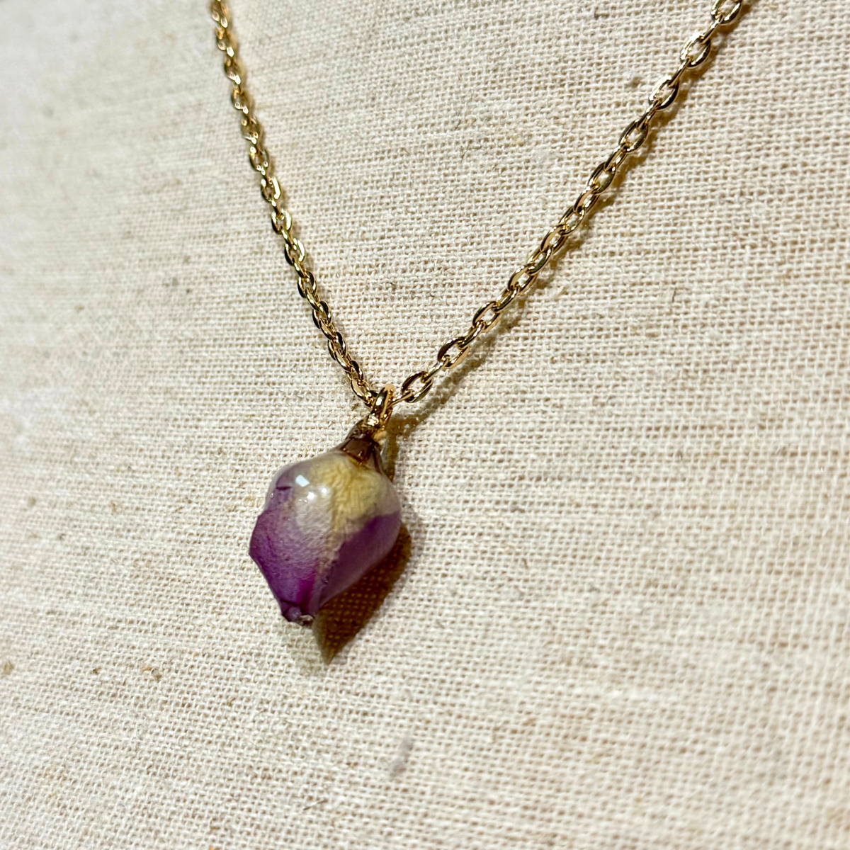 Real Rose Bud Necklace - Purple & Gold
