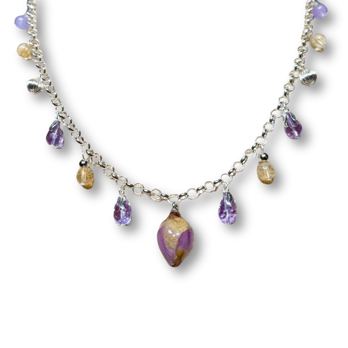 Real Rose Necklace - Purple, Citrine & Silver