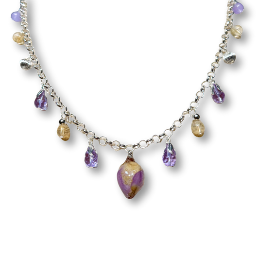 Real Rose Necklace - Purple, Citrine & Silver