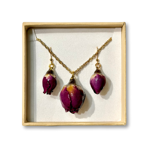 Real Rose Bud Earring & Necklace Set - Red & Gold