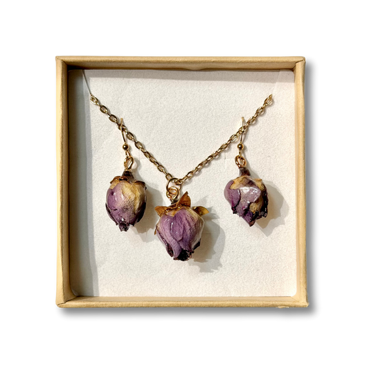 Real Rose Bud Earring & Necklace Set - Purple & Gold