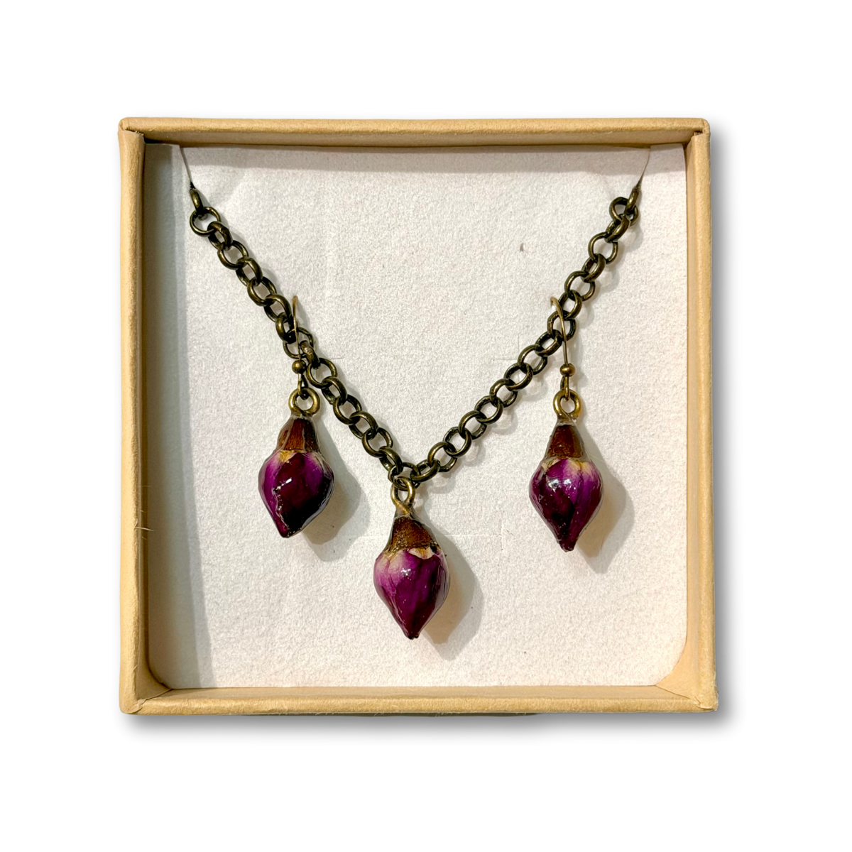 Real Rose Bud Earring & Necklace Set - Red & Brass