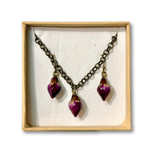Real Rose Bud Earring & Necklace Set - Red & Brass