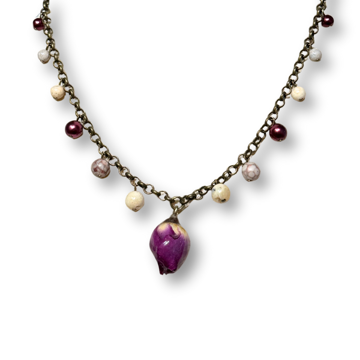 Real Rose Bud Necklace - Red & Jasper