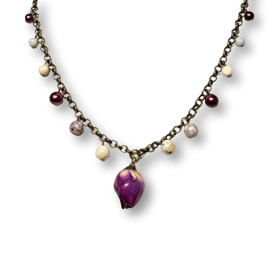 Real Rose Bud Necklace - Red & Jasper