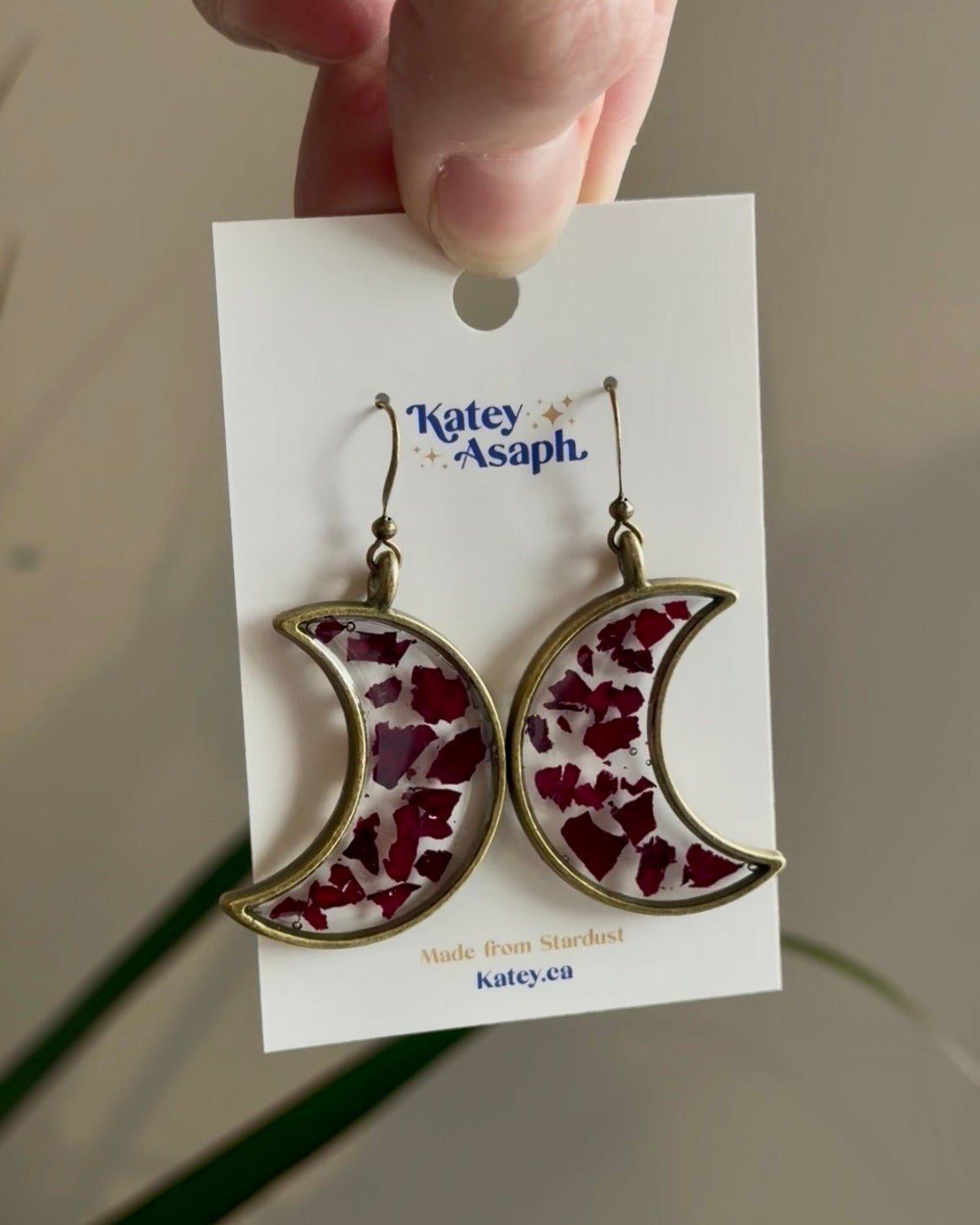 Red Rose Flower Confetti Crescent Moon Earrings