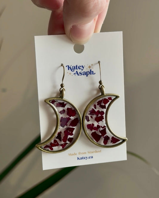 Red Rose Flower Confetti Crescent Moon Earrings