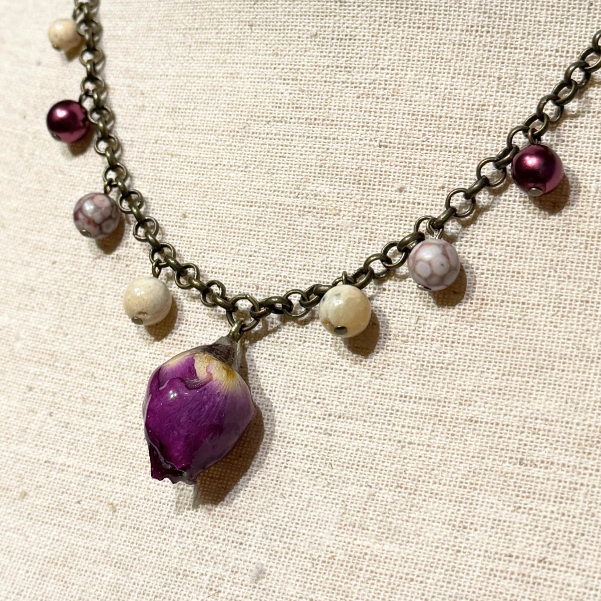 Real Rose Bud Necklace - Red & Jasper