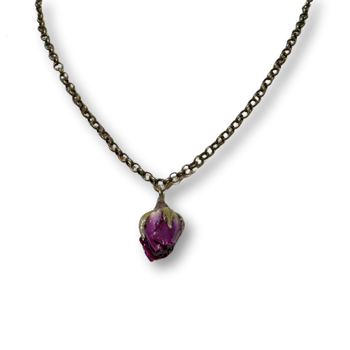 Real Rose Bud Necklace - Brass