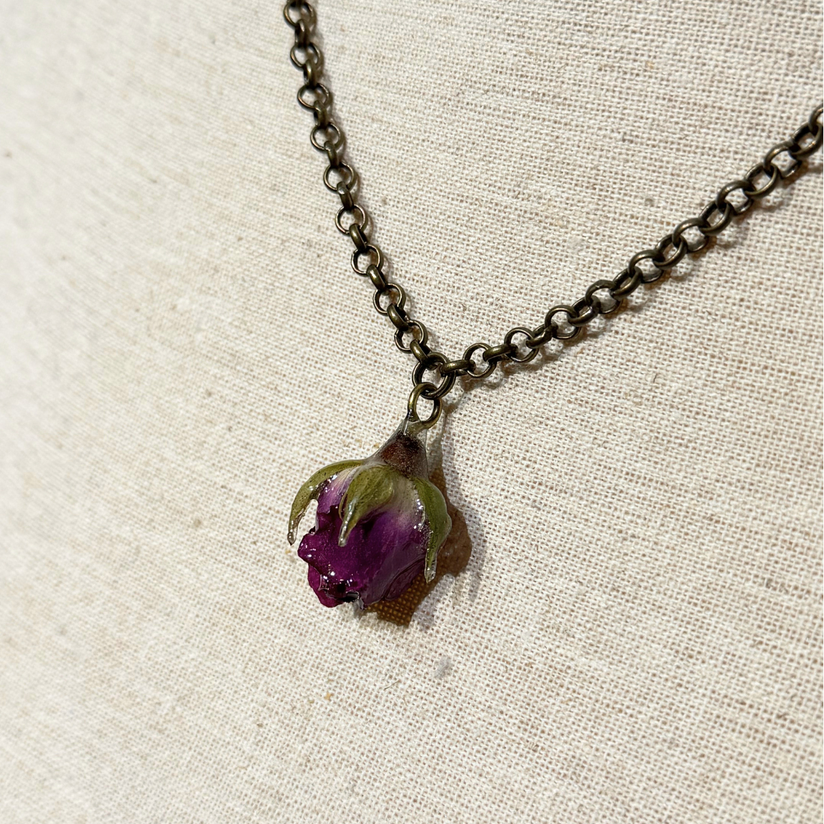 Real Rose Bud Necklace - Brass