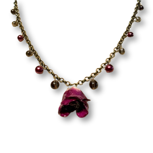 Real Rose Necklace - Red & Smoky Quartz