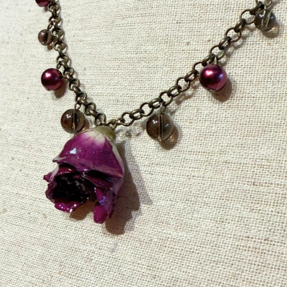 Real Rose Necklace - Red & Smoky Quartz