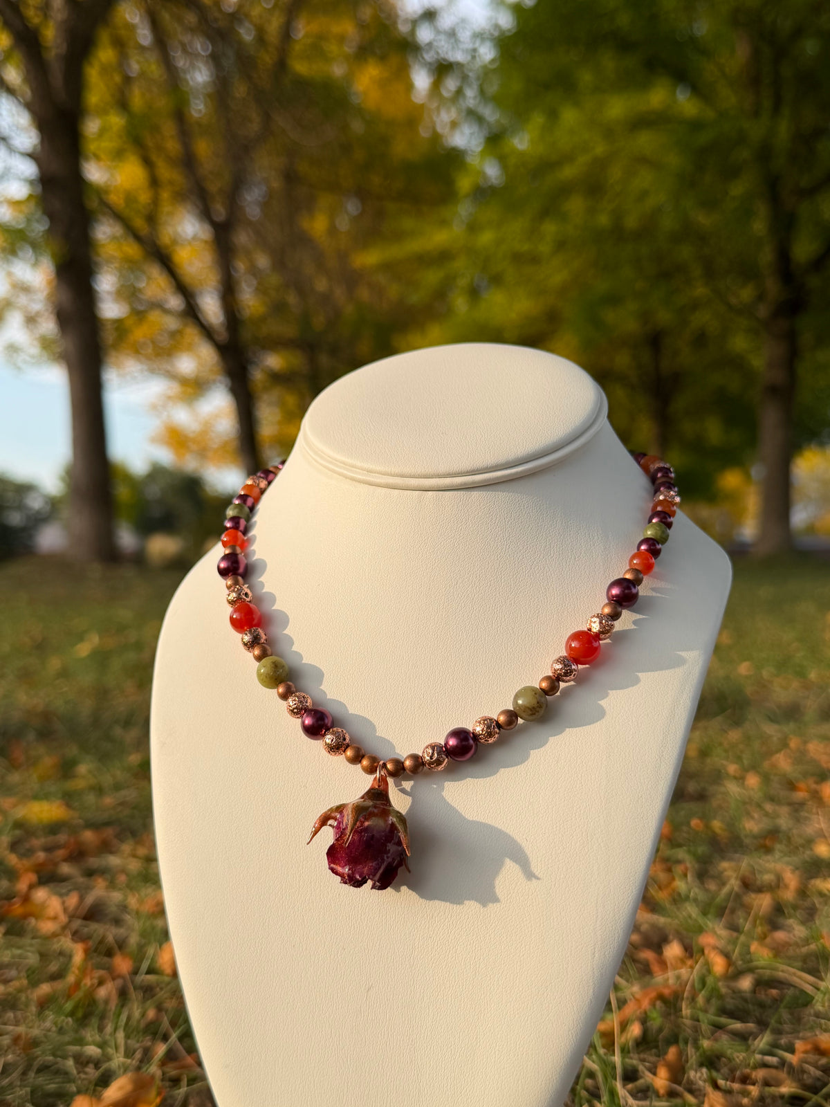 Red Rose Beaded Necklace - Carnelian, Serpentine & Copper