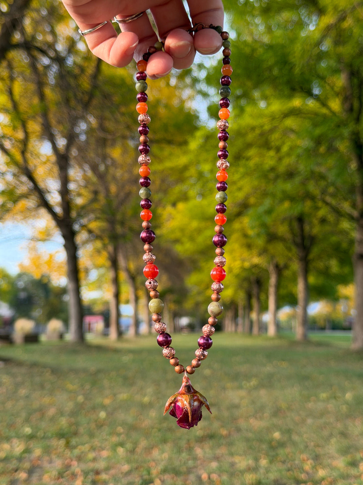 Red Rose Beaded Necklace - Carnelian, Serpentine & Copper
