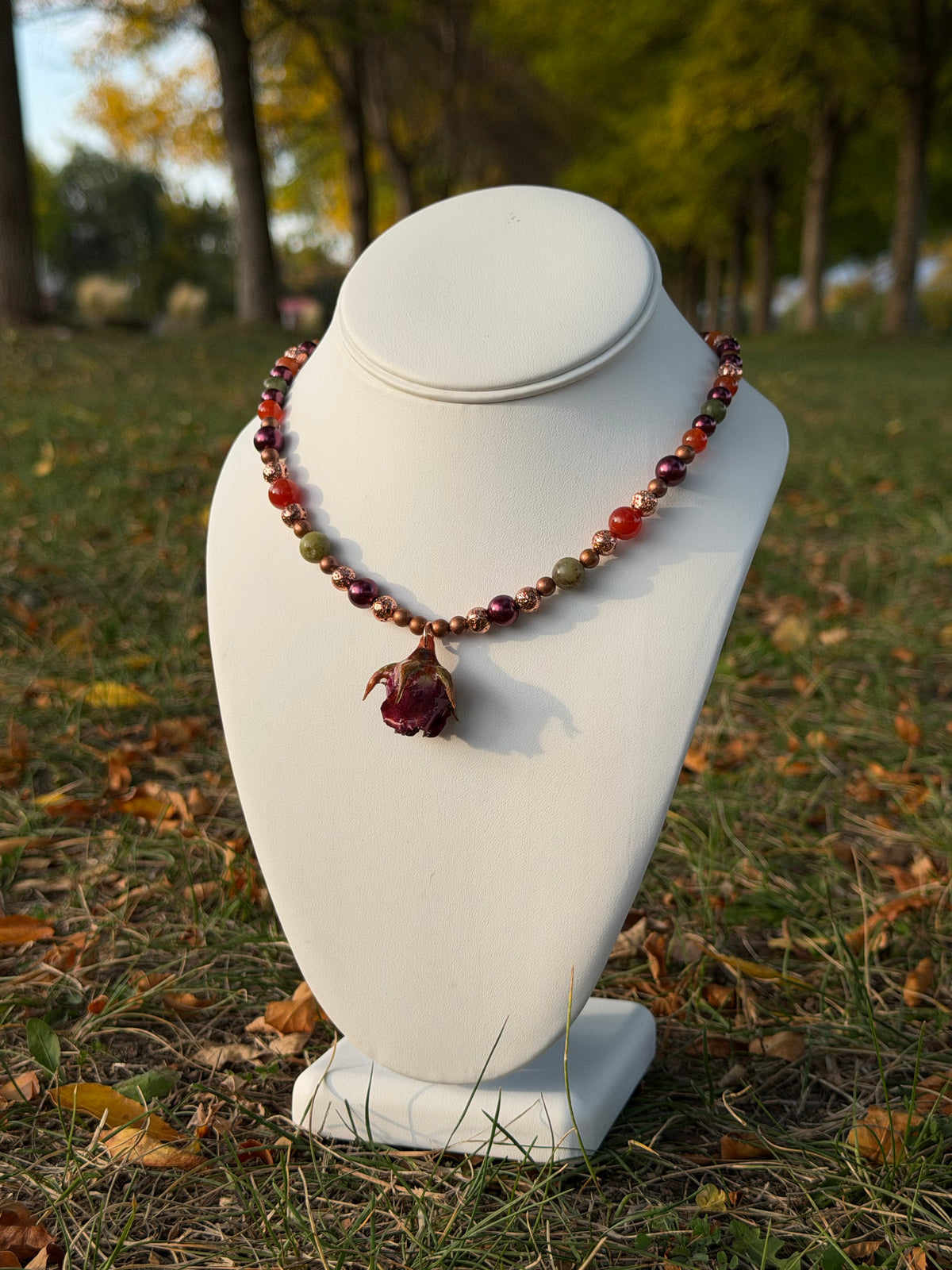 Red Rose Beaded Necklace - Carnelian, Serpentine & Copper