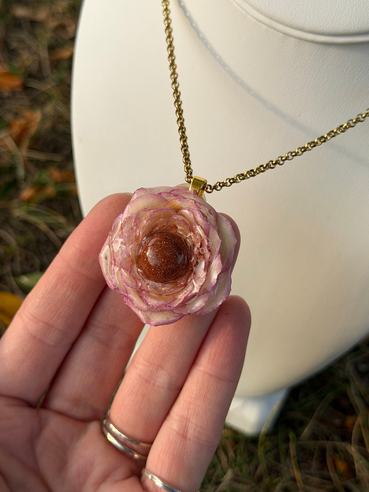 Pink Rose & Gold Stone Statement Necklace