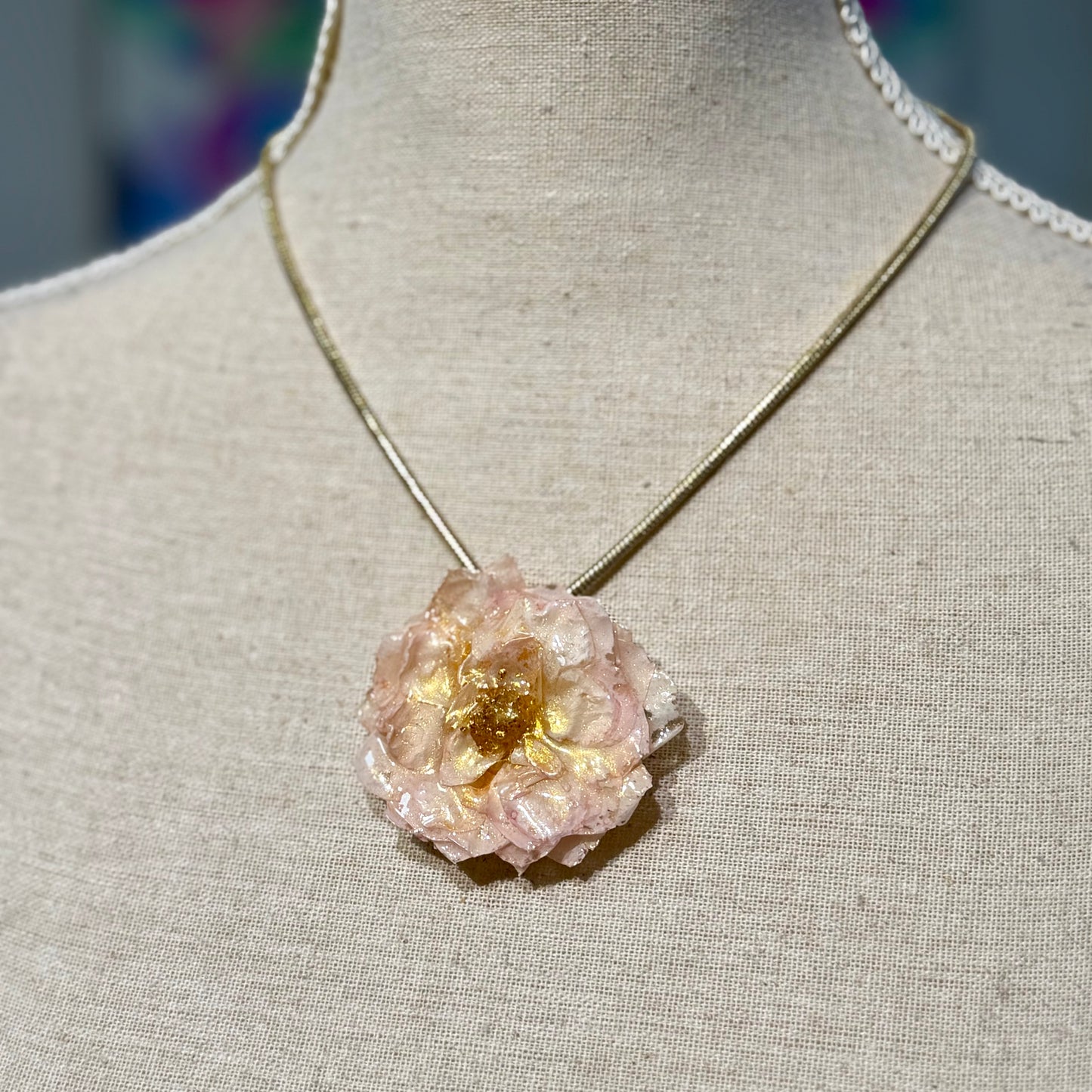 Real Rose Statement Necklace - Pink & Gold